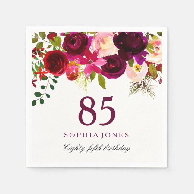 Servilleta De Papel Burgundy Red Floral Boho 85th Birthday Party (Anverso)