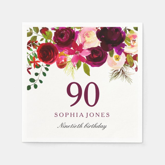Servilleta De Papel Burgundy Red Floral Boho 90th Birthday Party (Anverso)