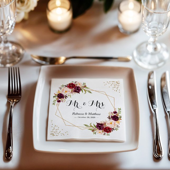 Servilleta De Papel Burgundy Red Floral Gold Geométrico Frame Boda (Subido por el creador)