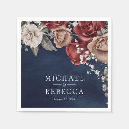 Servilleta De Papel Burgundy Red Roses Floral Navy Blue Wedding