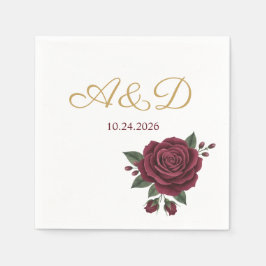 Servilleta De Papel Burgundy Rose and Gold Foil Wedding Monogram Napki