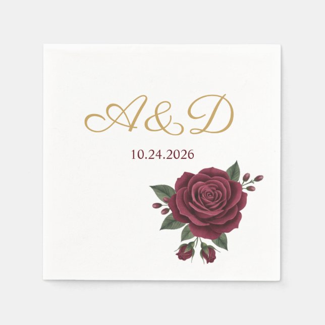 Servilleta De Papel Burgundy Rose and Gold Foil Wedding Monogram Napki (Anverso)