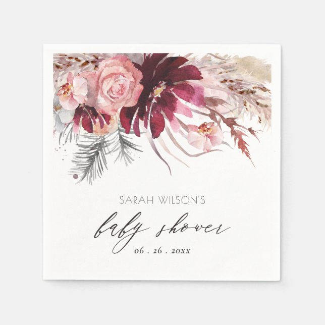 Servilleta De Papel Burgundy Rubor Floral Pampas Grass Baby Shower (Anverso)