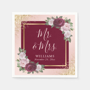Servilleta De Papel Burgundy Rubor Pink Gold Floral Mr & Mrs Boda