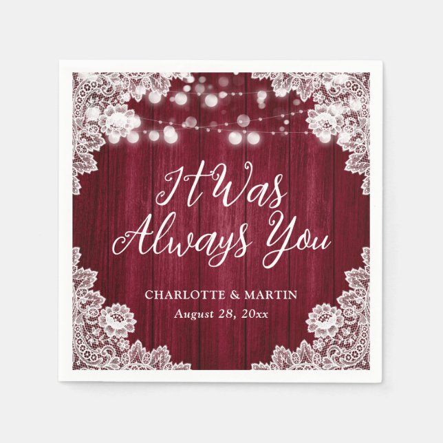 Servilleta De Papel Burgundy Rustic Wood Floral Lace Wedding (Anverso)