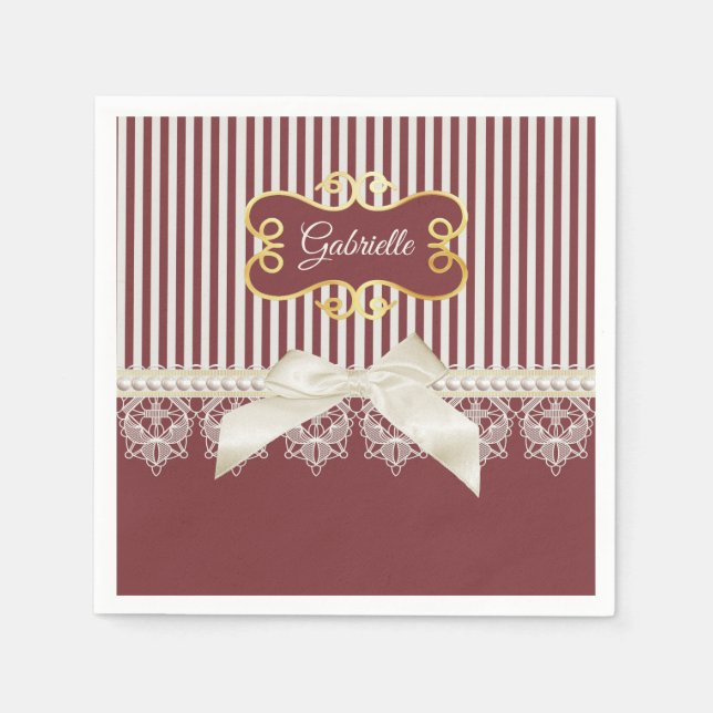 Servilleta De Papel Burgundy Stripe Lace Nombre (Anverso)