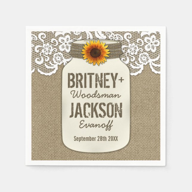 Servilleta De Papel Burlap Lace Sunflower Mason Jar Boda Napkins (Anverso)