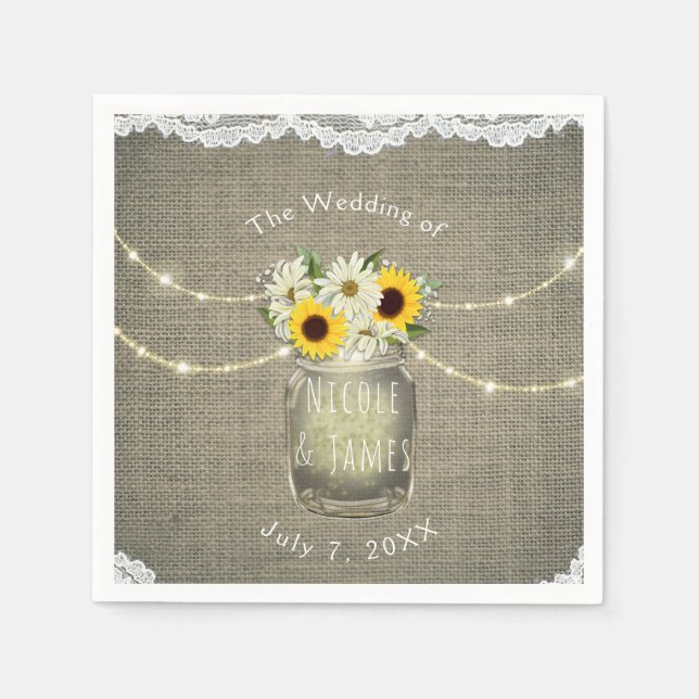 Servilleta De Papel Burlap Lace Sunflowers & Daisies Mason Jar Rustic (Anverso)