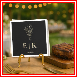 Servilleta De Papel Butter Yellow Black Monogram Wildflower Boda
