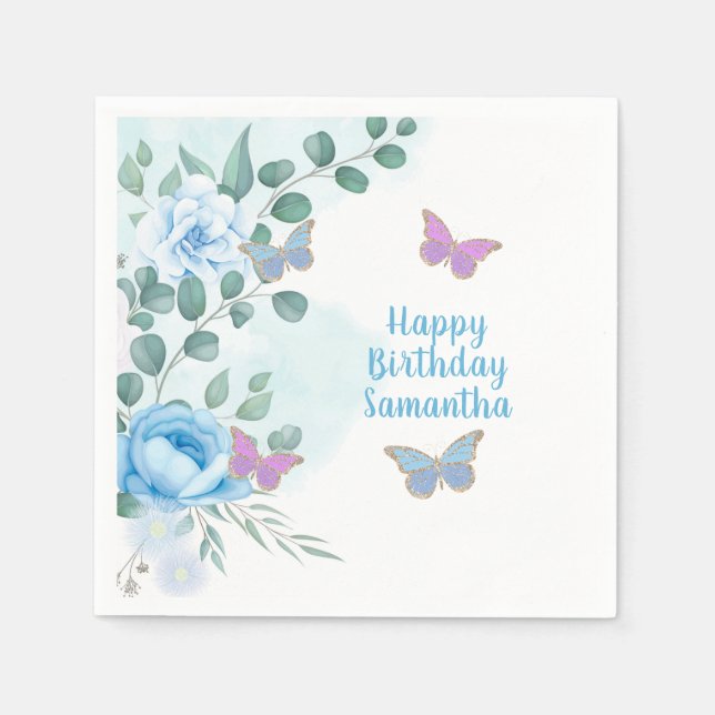 Servilleta De Papel Butterflies Floral Blue Purple Gold Birday (Anverso)