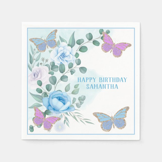 Servilleta De Papel Butterflies Floral Blue Purple Gold Birday (Anverso)