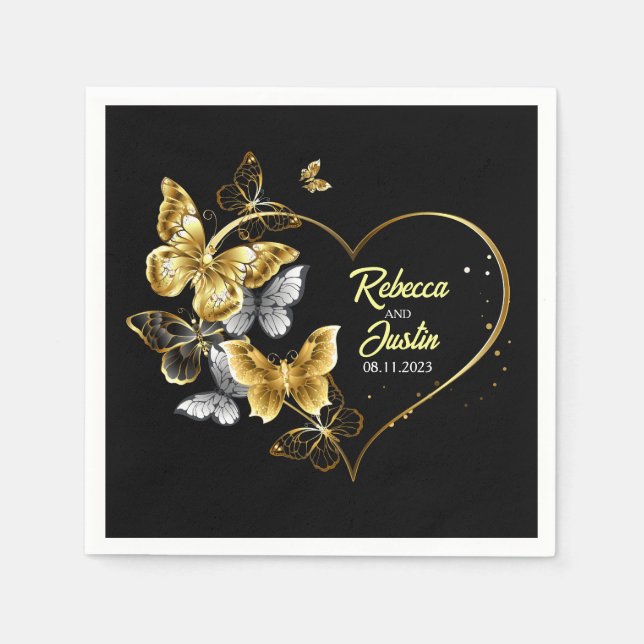 Servilleta De Papel Butterflies Heart Gold Black Modern Boho (Anverso)