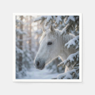 Servilleta De Papel Caballo Blanco Invernal En Pino Nevado