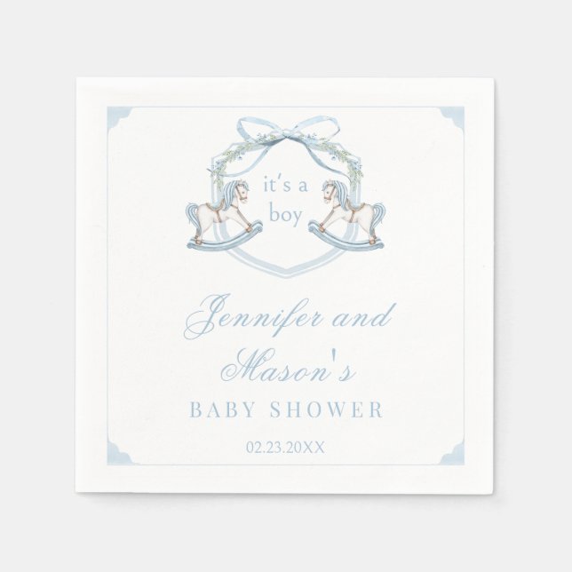 Servilleta De Papel Caballo de madera azul escudo bebé ducha (Anverso)