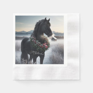 Servilleta De Papel Caballo negro en la nieve con corona de Navidades