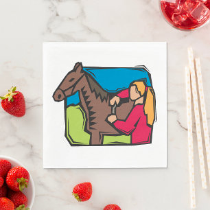 Servilleta De Papel Caballo Y Muchacha De Granja