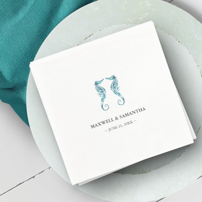 Servilleta De Papel Caballos marinos personalizados de playa costera (Beach wedding personalized paper napkins watercolor seahorses by Victoria Grigaliunas)