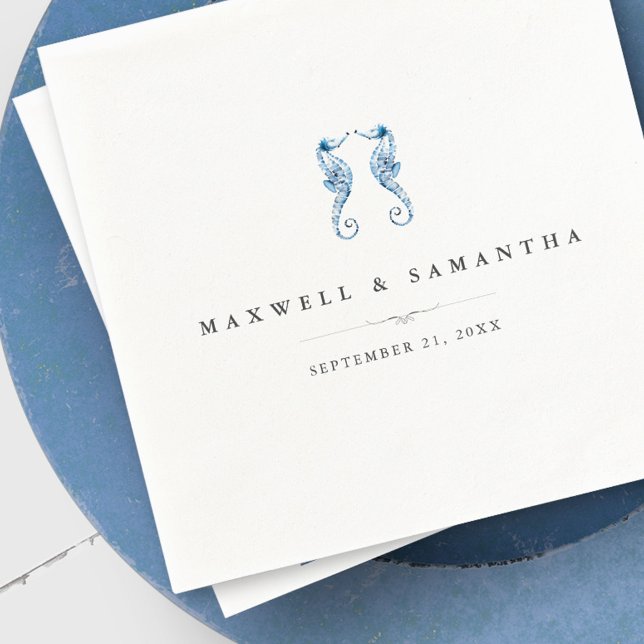 Servilleta De Papel Caballos marinos personalizados de playa costera (personalized napkins blue seahorses beach wedding unique art by Victoria Grigaliunas )