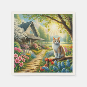 Servilleta De Papel Cabaña de primavera/jardín y gato