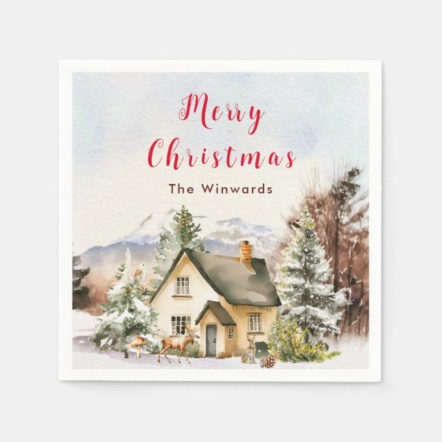 Servilleta De Papel Cabaña de vacaciones de invierno Feliz Navidad (Anverso)
