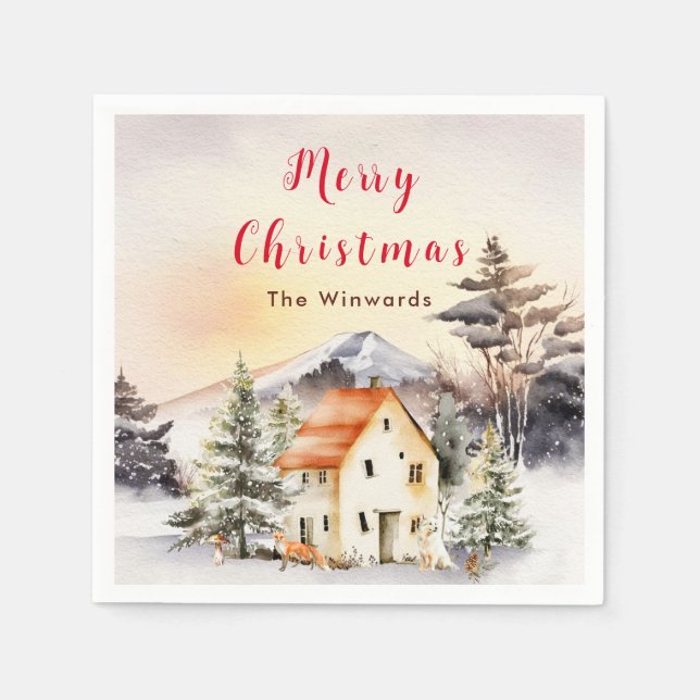 Servilleta De Papel Cabaña de vacaciones de invierno Feliz Navidad (Anverso)