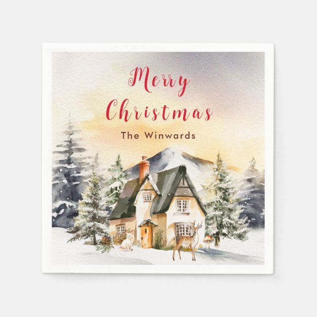 Servilleta De Papel Cabaña de vacaciones de invierno Feliz Navidad (Anverso)