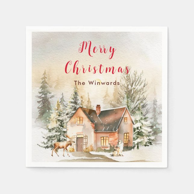 Servilleta De Papel Cabaña de vacaciones de invierno Feliz Navidad (Anverso)