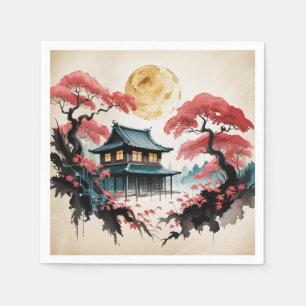 Servilleta De Papel Cabaña iluminada por la luna Arte del bosque japon