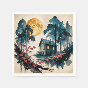 Servilleta De Papel Cabaña iluminada por la luna Arte del bosque japon