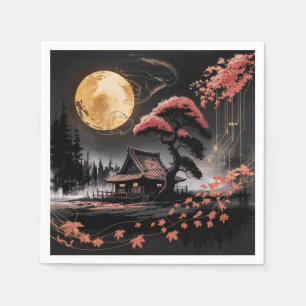 Servilleta De Papel Cabaña iluminada por la luna Arte del bosque japon
