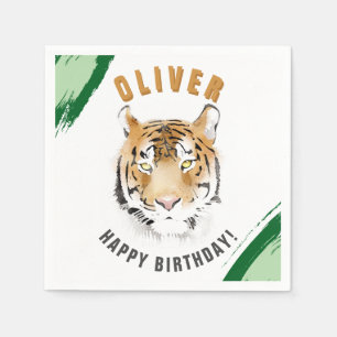 Servilleta De Papel Cabeza de Tigre Salvaje Acuarela Cumpleaños Nombre