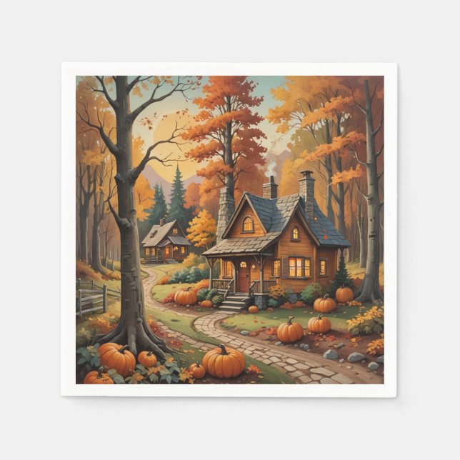 Servilleta De Papel Cabina de otoño rodeada de calabazas (Anverso)