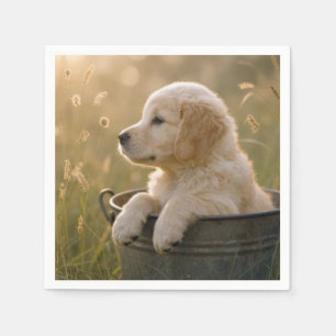Servilleta De Papel Cachorro de Golden Retriever en un Cubo de Metal