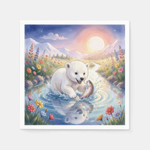 Servilleta De Papel Cachorro de Oso Polar Jugando con un Pez