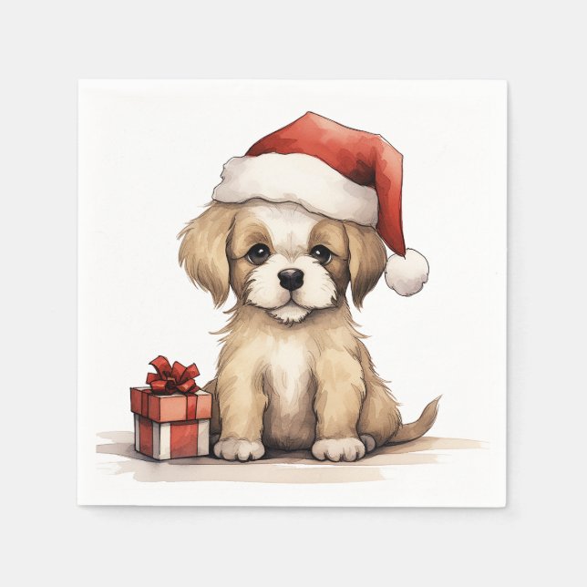 Servilleta De Papel Cachorro lindo con Navidades de perro de Santa Hat (Anverso)