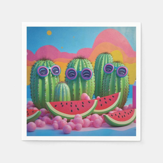 Servilleta De Papel Cacti gracioso con gafas de sol, sandía y dulce (Anverso)