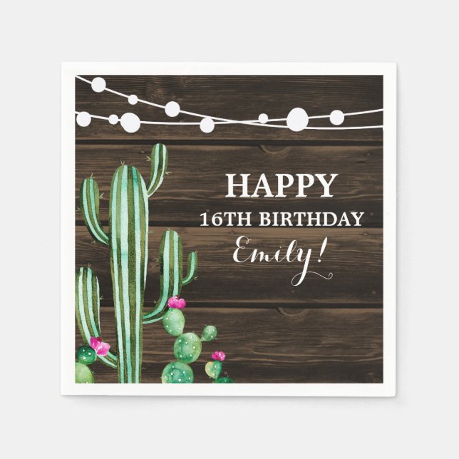 Servilleta De Papel Cactus Aquarela Rústica Cumpleaños Madera de Grane (Anverso)