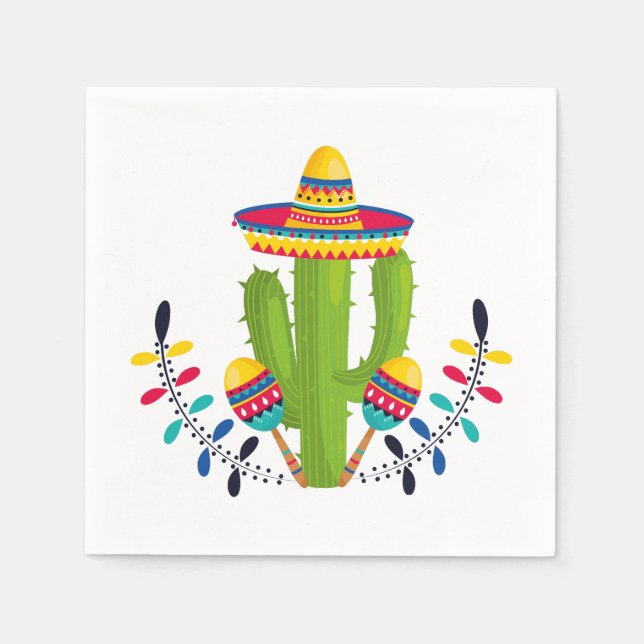 Servilleta De Papel Cactus con maracas vestidos con sombrero (Anverso)