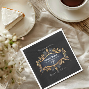 Servilleta De Papel Caduceo de Graduación Elegante Negro Dorado Blanco
