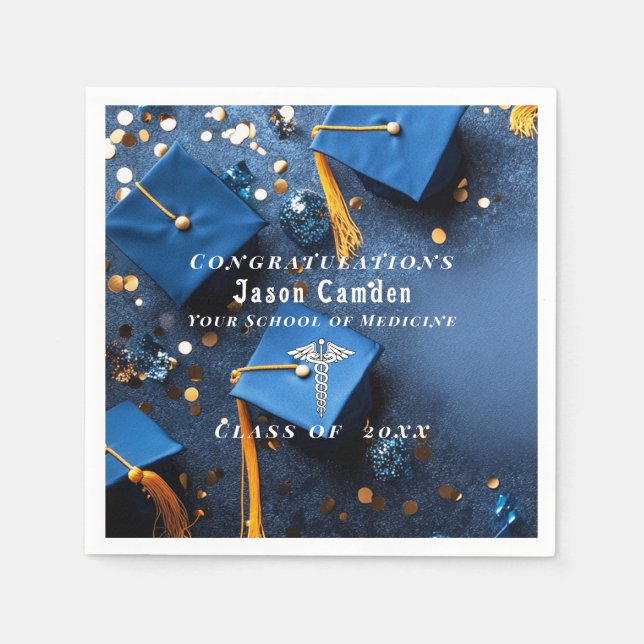 Servilleta De Papel Caduceo Elegante Oro Blanco Azul Marino Graduación (Anverso)