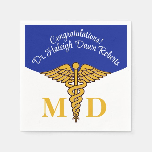 Servilleta De Papel Caduceus Blue & White Medical School Graduation (Anverso)