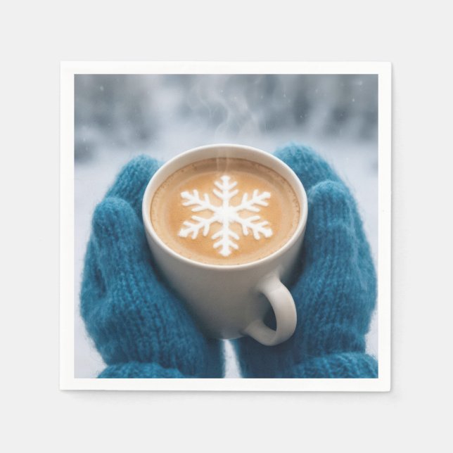 Servilleta De Papel Café de invierno de Navidad con mitones y copo de  (Anverso)