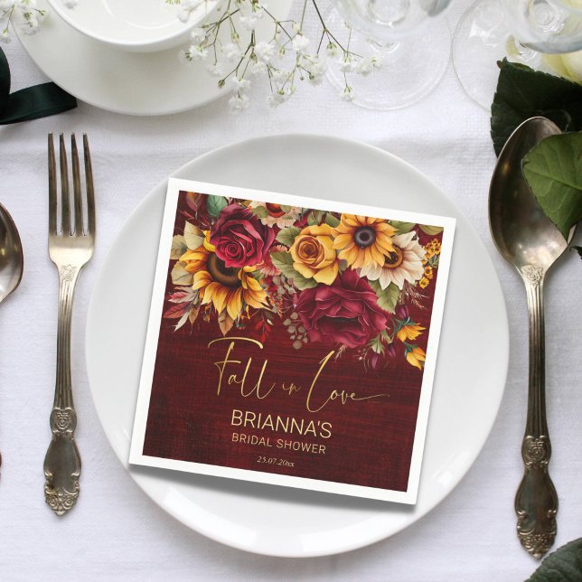Servilleta De Papel Caída de la ducha de novia rosas burdeos girasoles (Fall in love burgundy roses sunflowers autumn fall bridal shower personalized napkins)