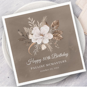 Servilleta De Papel Caída Neutra de Floral Blanca 80 cumpleaños