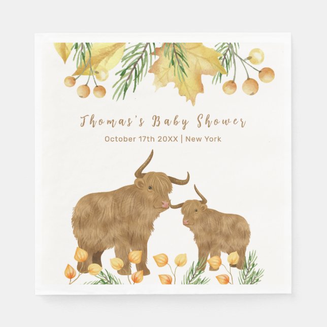 Servilleta De Papel Caída Rustic Boho Highland Cow Baby Shower (Anverso)