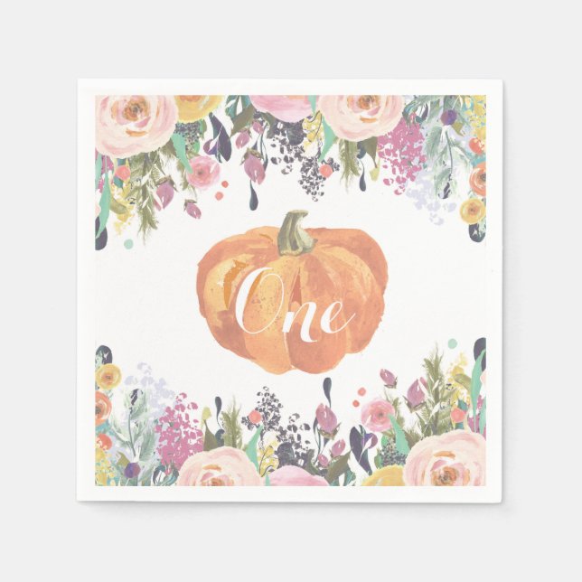 Servilleta De Papel Calabaza acuarela floral primer cumpleaños (Anverso)