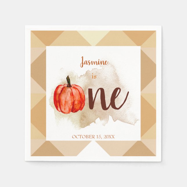 Servilleta De Papel calabaza acuarela primer cumpleaños naranja otoño (Anverso)