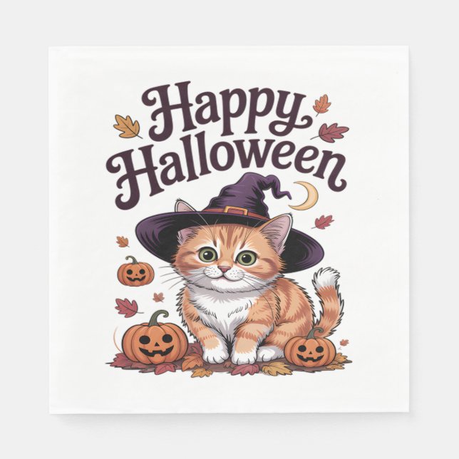 Servilleta De Papel Calabaza de gato Feliz Halloween (Anverso)
