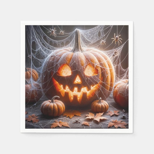 Servilleta De Papel Calabaza de Halloween cubierta de telarañas (Anverso)