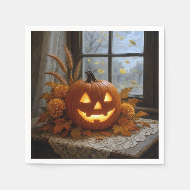 Servilleta De Papel Calabaza de Halloween en flores de otoño (Anverso)